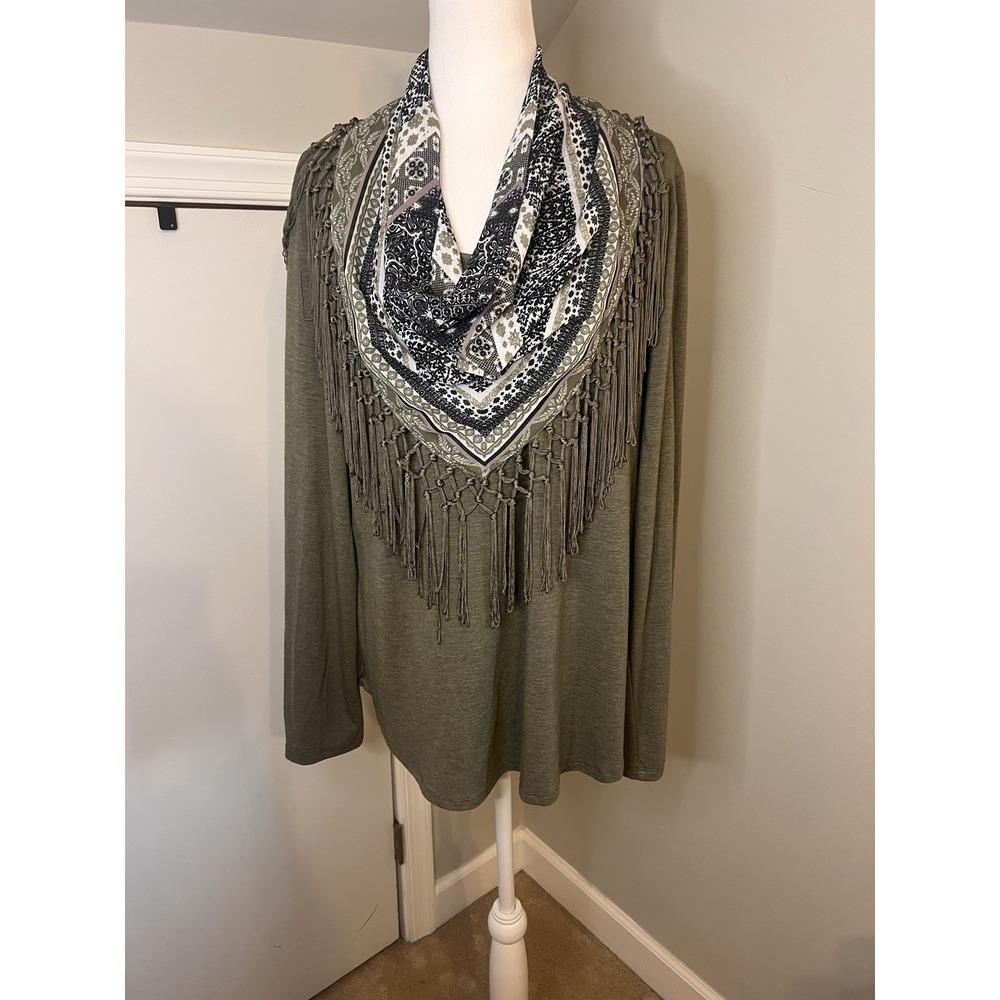 Style & Co Womens Green Cowl Neck Long Sleeve Fringed Detachable Scarf Shirt L